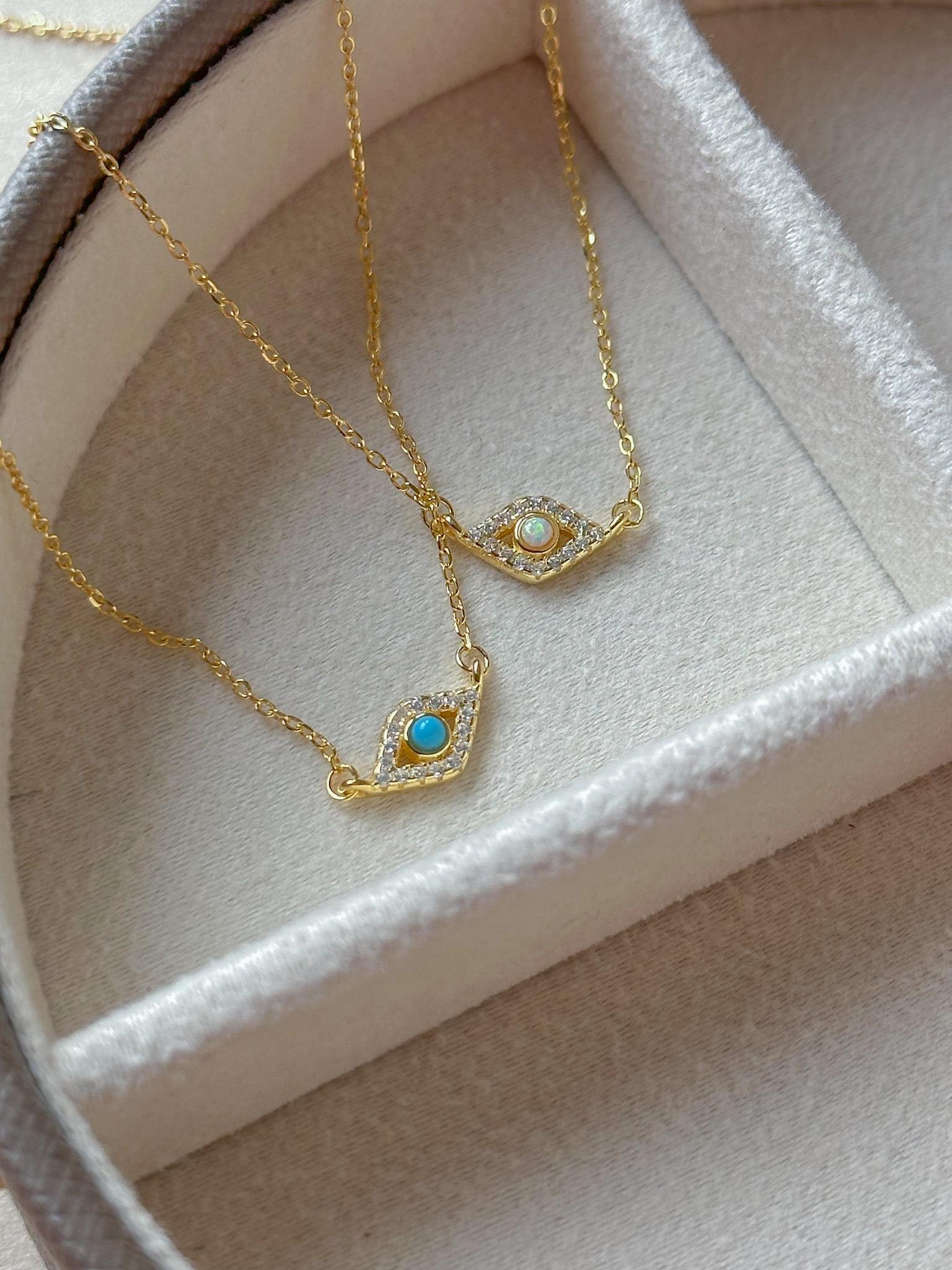 Minik Opal Taşlı Göz Kolye  - 925 Ayar Gümüş