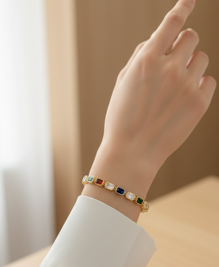 Renkli Baget Taşlı Sıra Bileklik - 925 Ayar Gümüş 