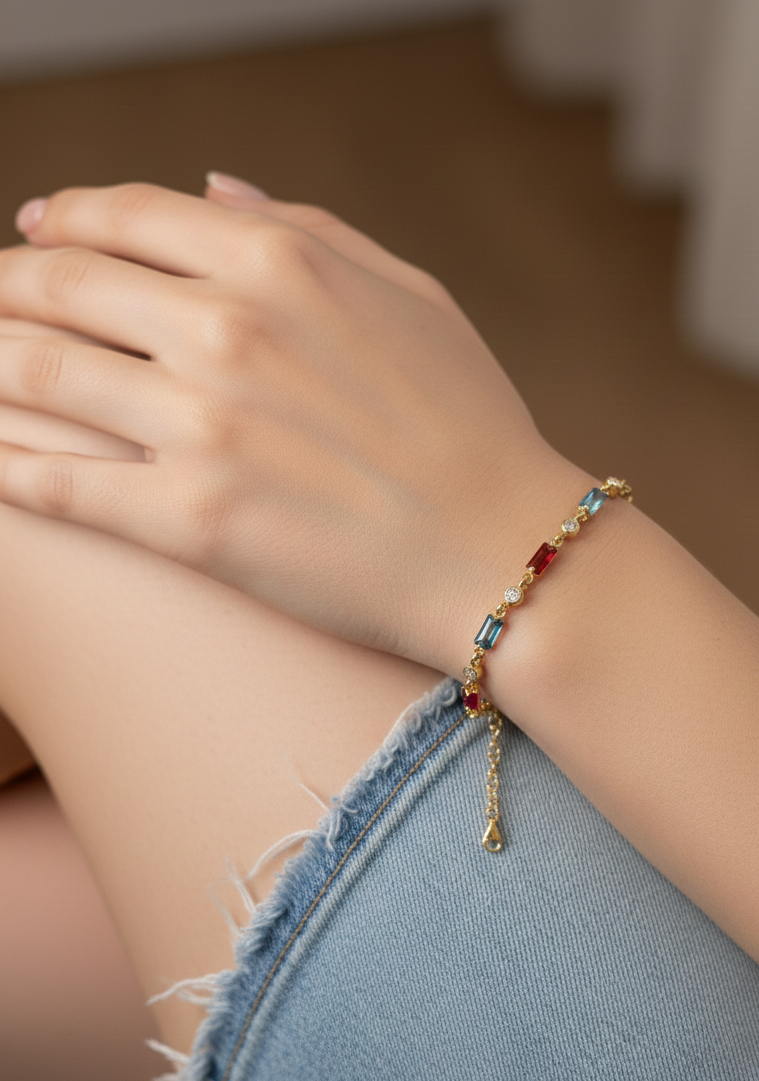 Renkli Baget Taşlı Zincir Bileklik - 925 Ayar Gümüş 