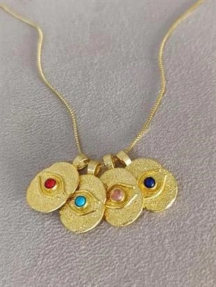 Renkli Taşlı Vintage Göz Kolye - 925 Ayar Gümüş 