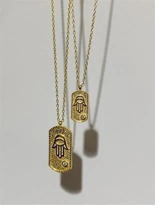 Taş Detaylı Hamsa Plaka Kolye - 925 Ayar Gümüş