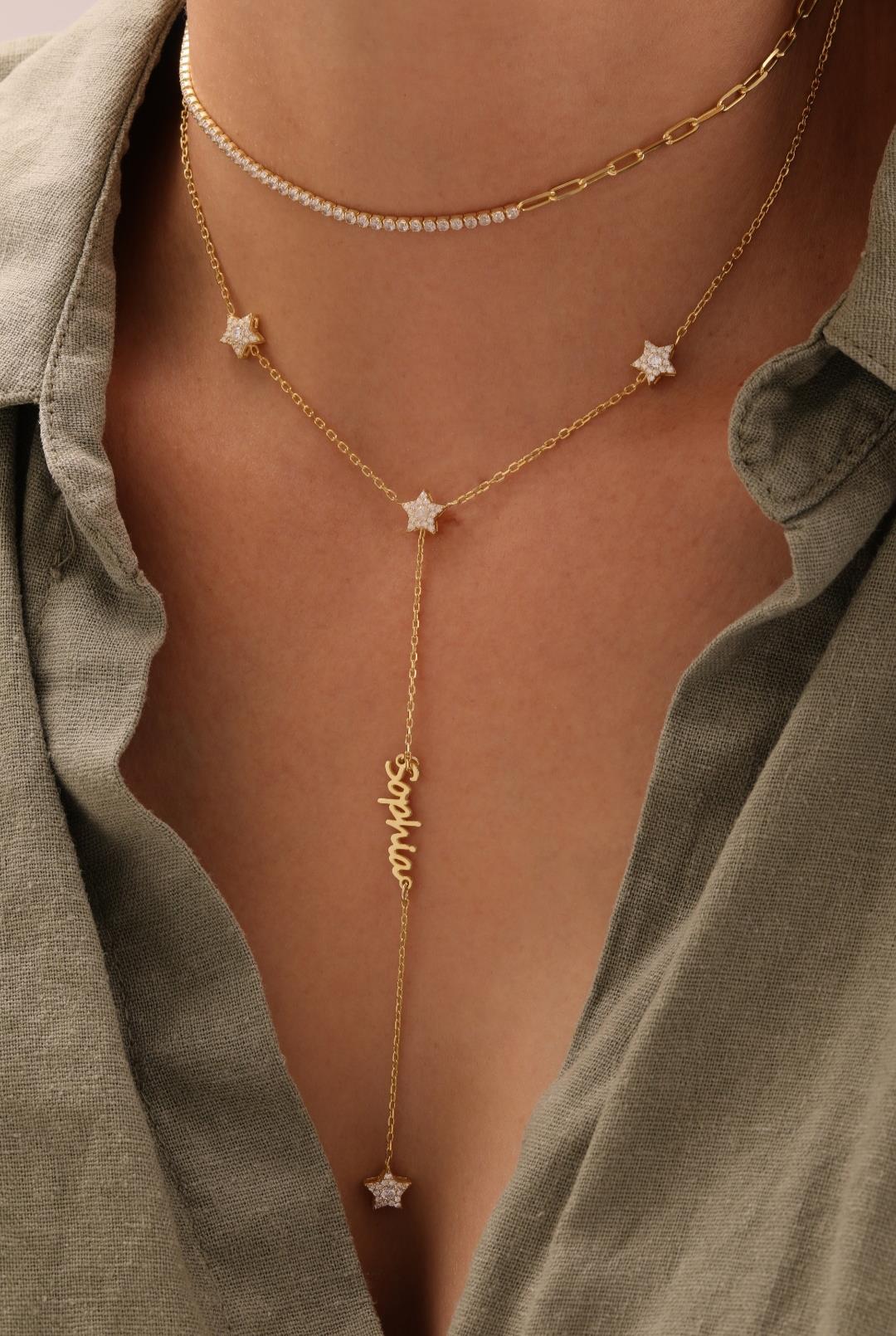 Taşlı Yıldız Figürlü Dikey İsim Y Kolye - 925 Ayar Gümüş 