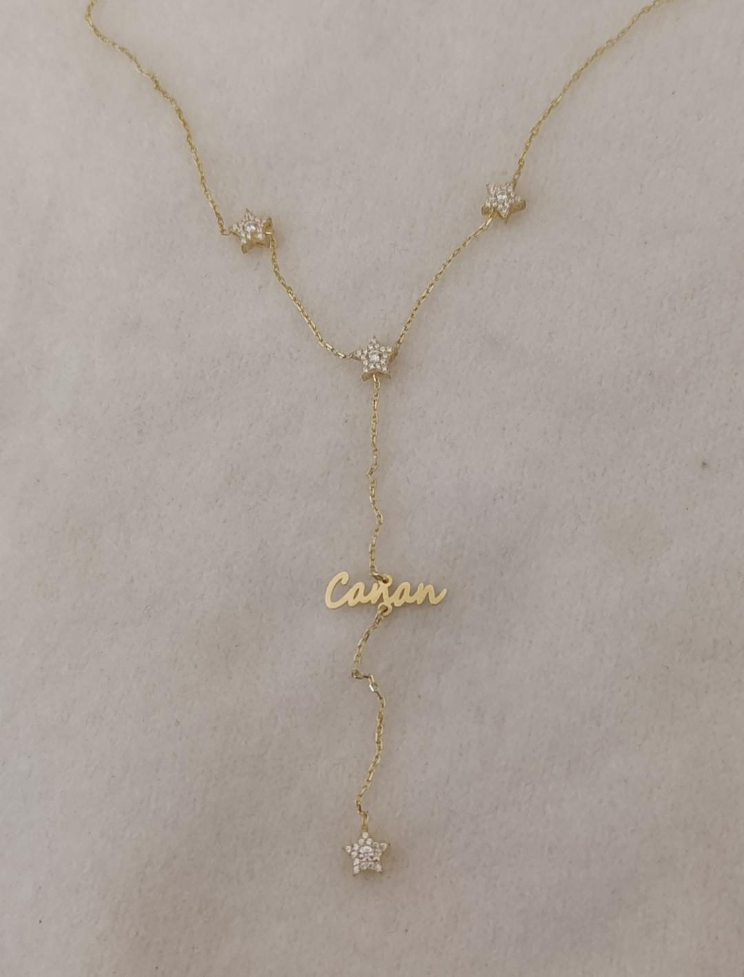 Taşlı Yıldız Figürlü Y Yatay İsim Kolye - 925 Ayar Gümüş