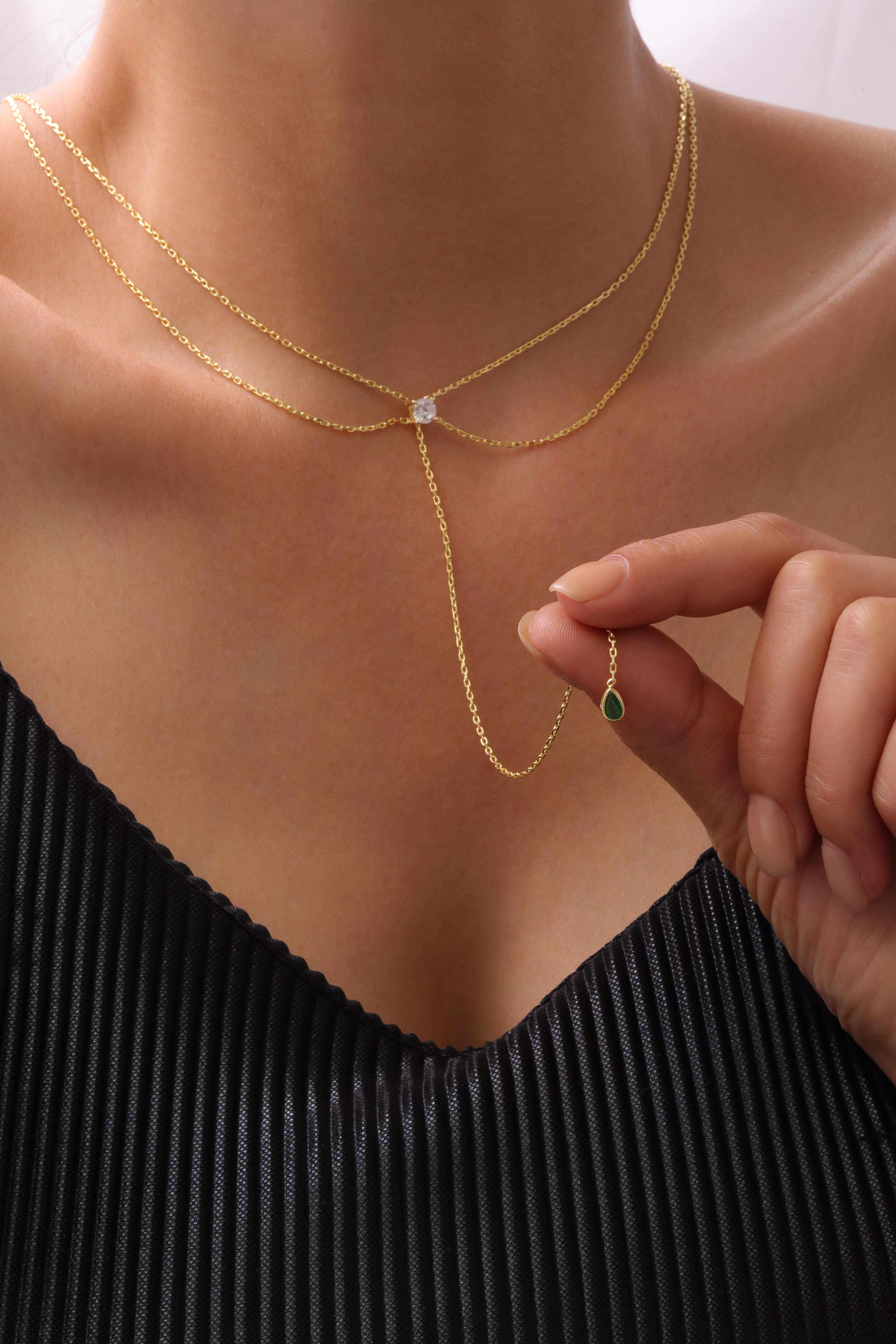 Tektaş Detaylı Y Zincir & Damla Taş Kolye - 925 Ayar Gümüş 