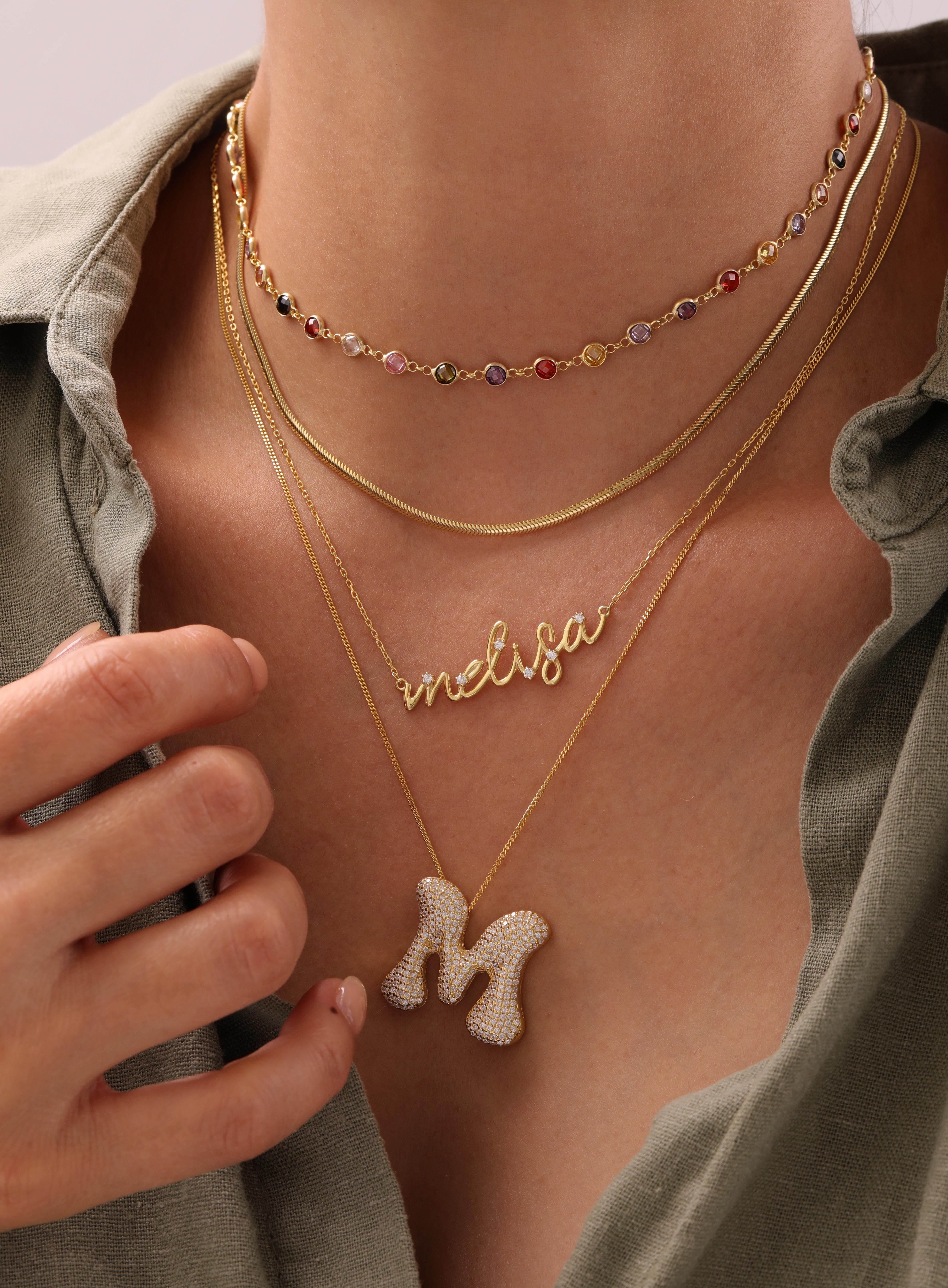 Yıldız Taş Detaylı Elyazı İsim Kolye - 925 Ayar Gümüş 