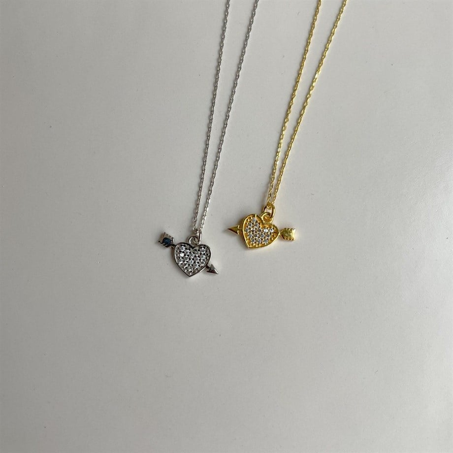 Zircon Taşlı Kalp Zincir Kolye  - 925 Ayar Gümüş