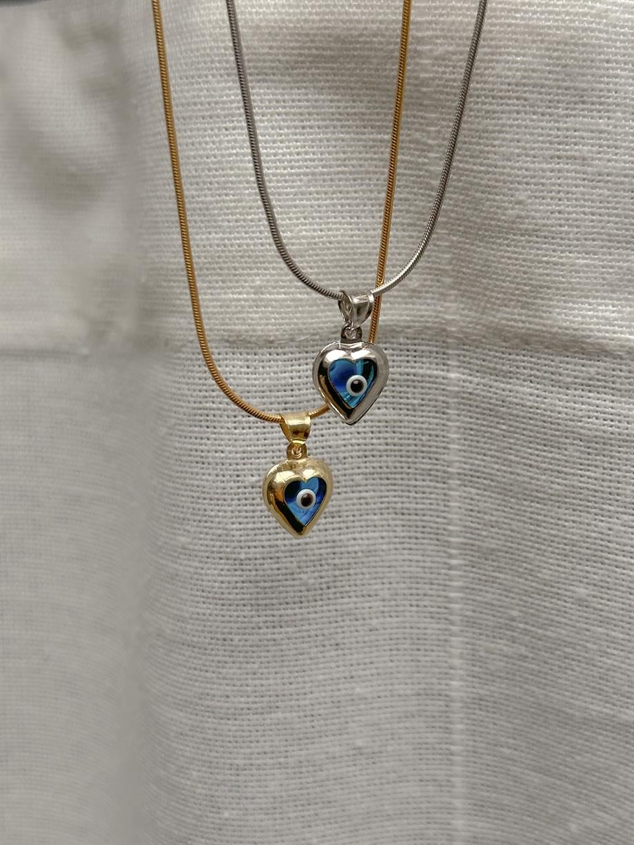 Kalp Figürlü Nazar Kolye - 925 Ayar Gümüş