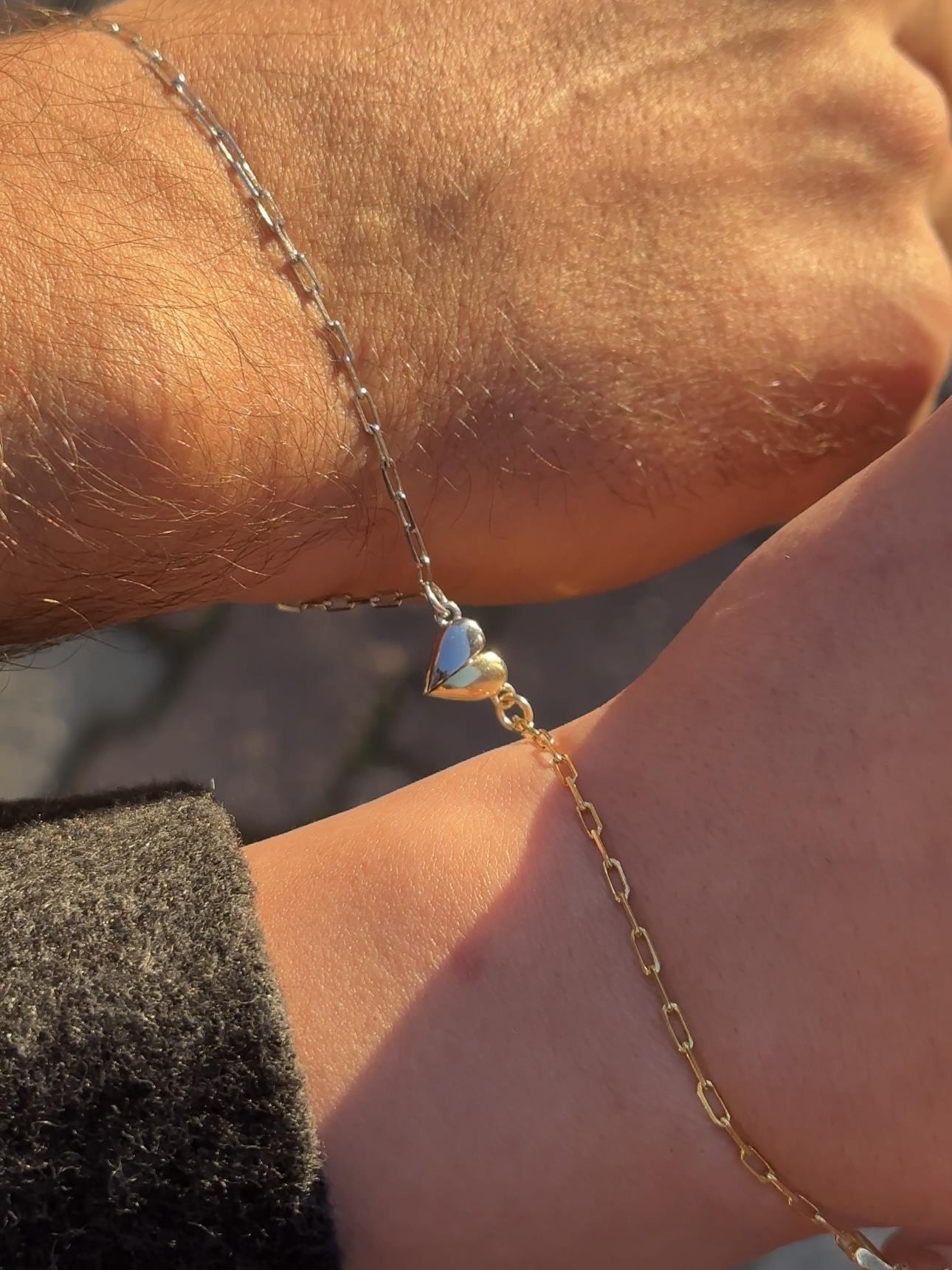 Mıknatıslı Kalp Figürlü Çift Bileklikleri - 925 Ayar Gümüş