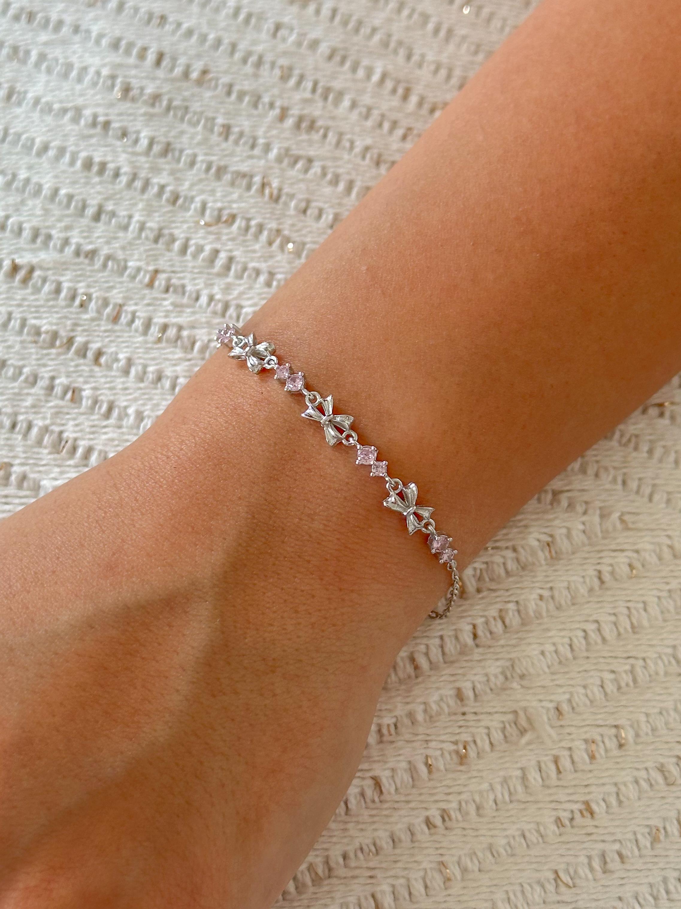 Pembe Taşlı Sıralı Fiyonk Bileklik -  925 Ayar Gümüş