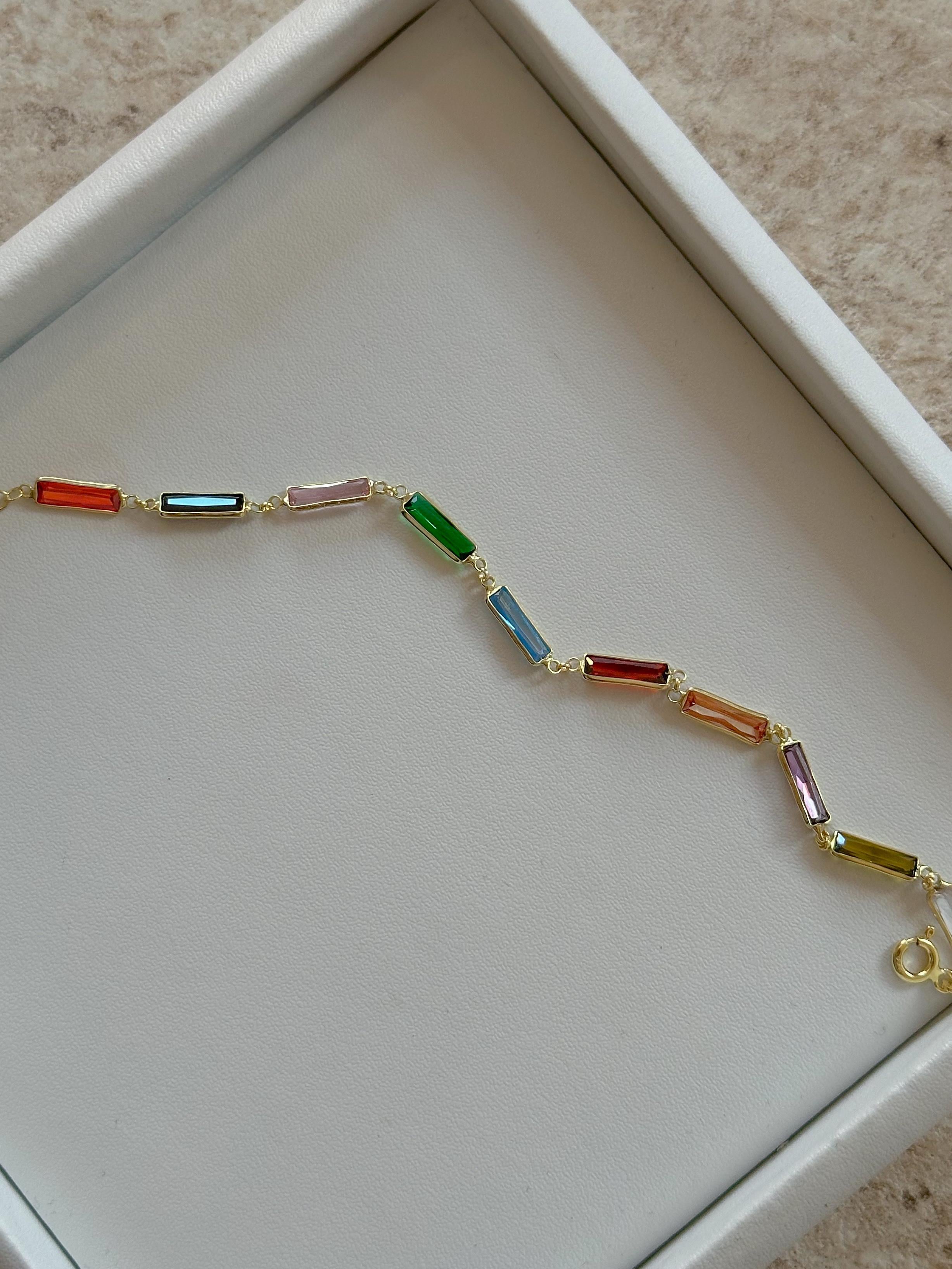 Renkli Büyük Baget Taşlı Bileklik -  925 Ayar Gümüş