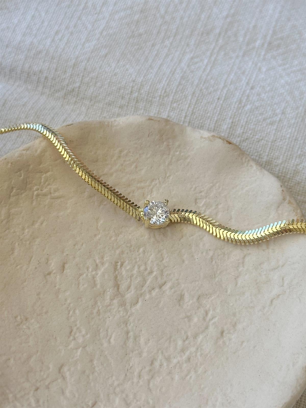 Taşlı Yassı Bileklik - TEK  - 925 Ayar Gümüş