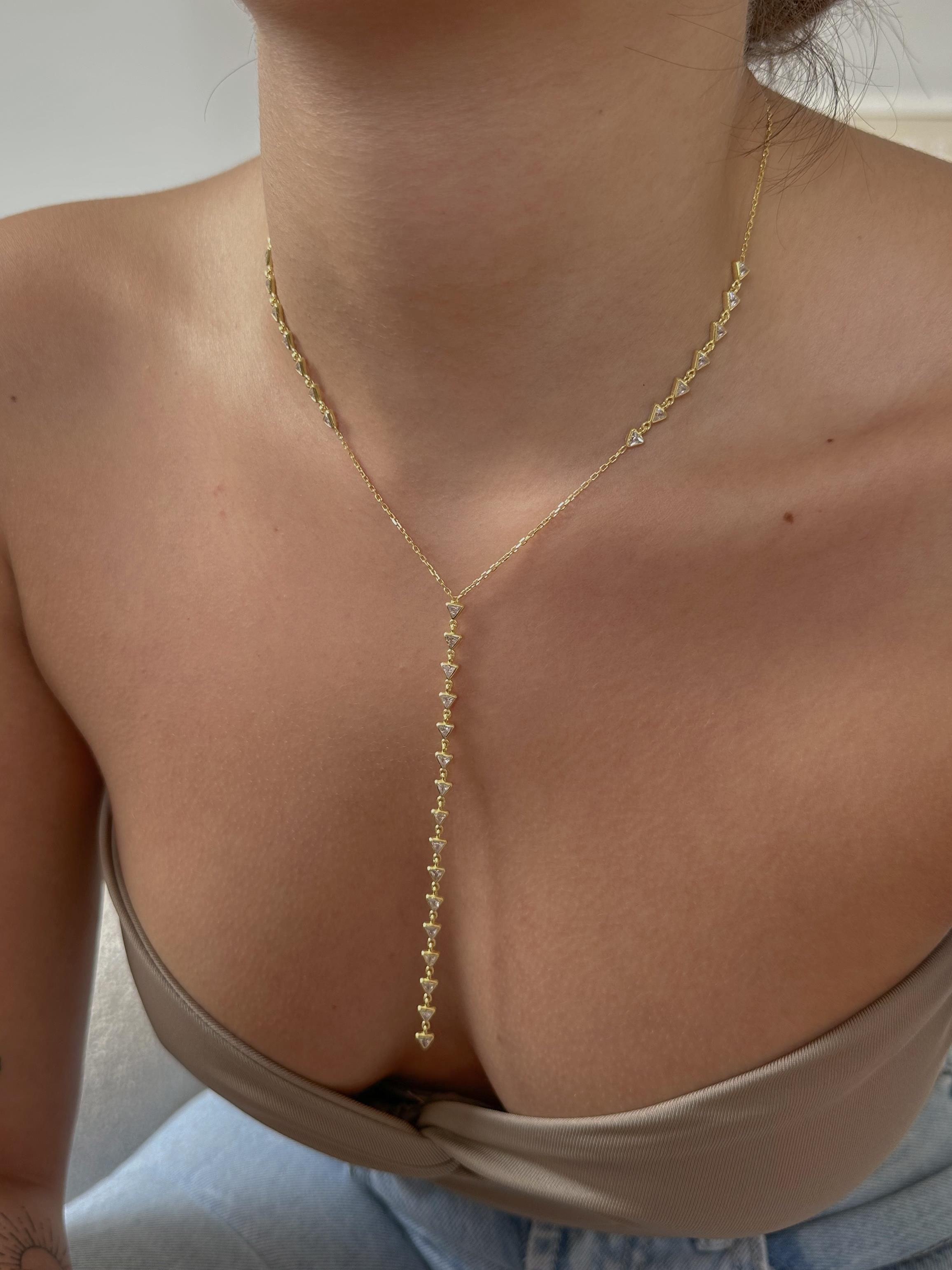 Üçgen Taşlı Y Kolye - 925 Ayar Gümüş