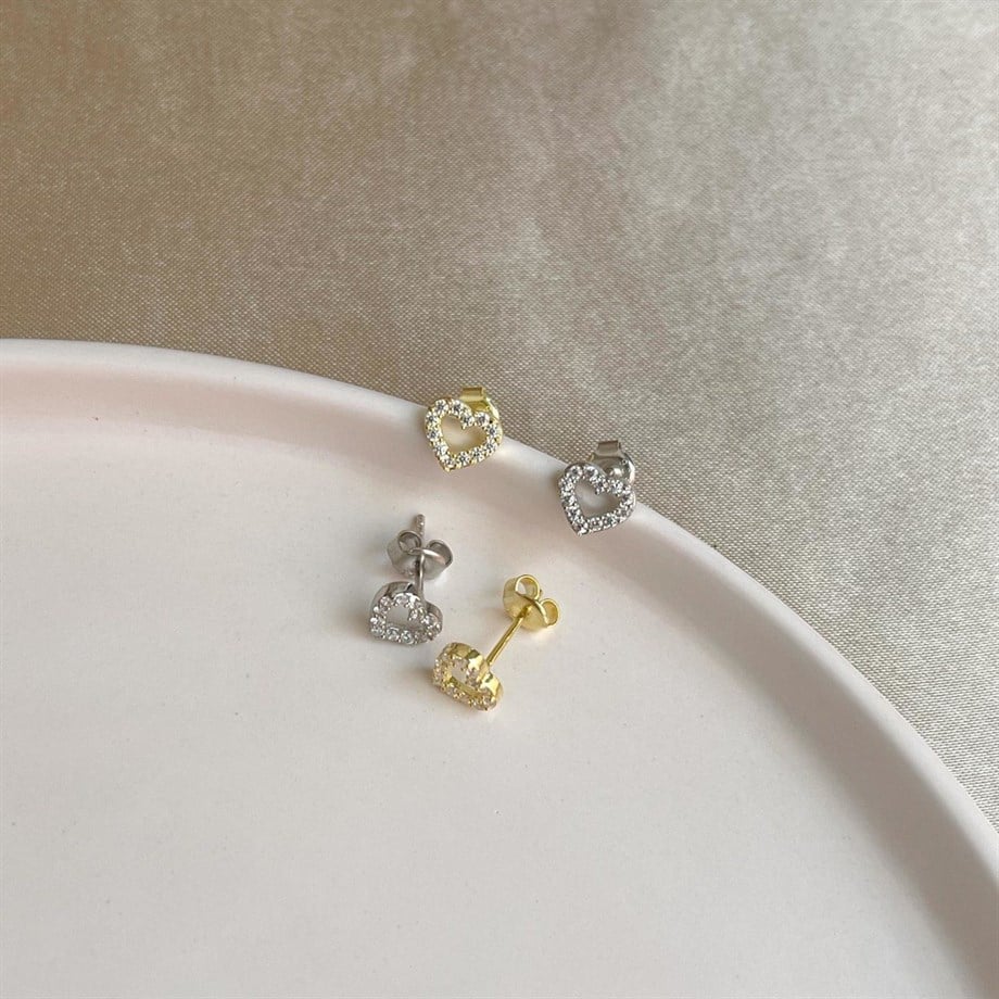 Zircon Taşlı Minimal Kalp Küpe  - Çift - 925 Ayar Gümüş