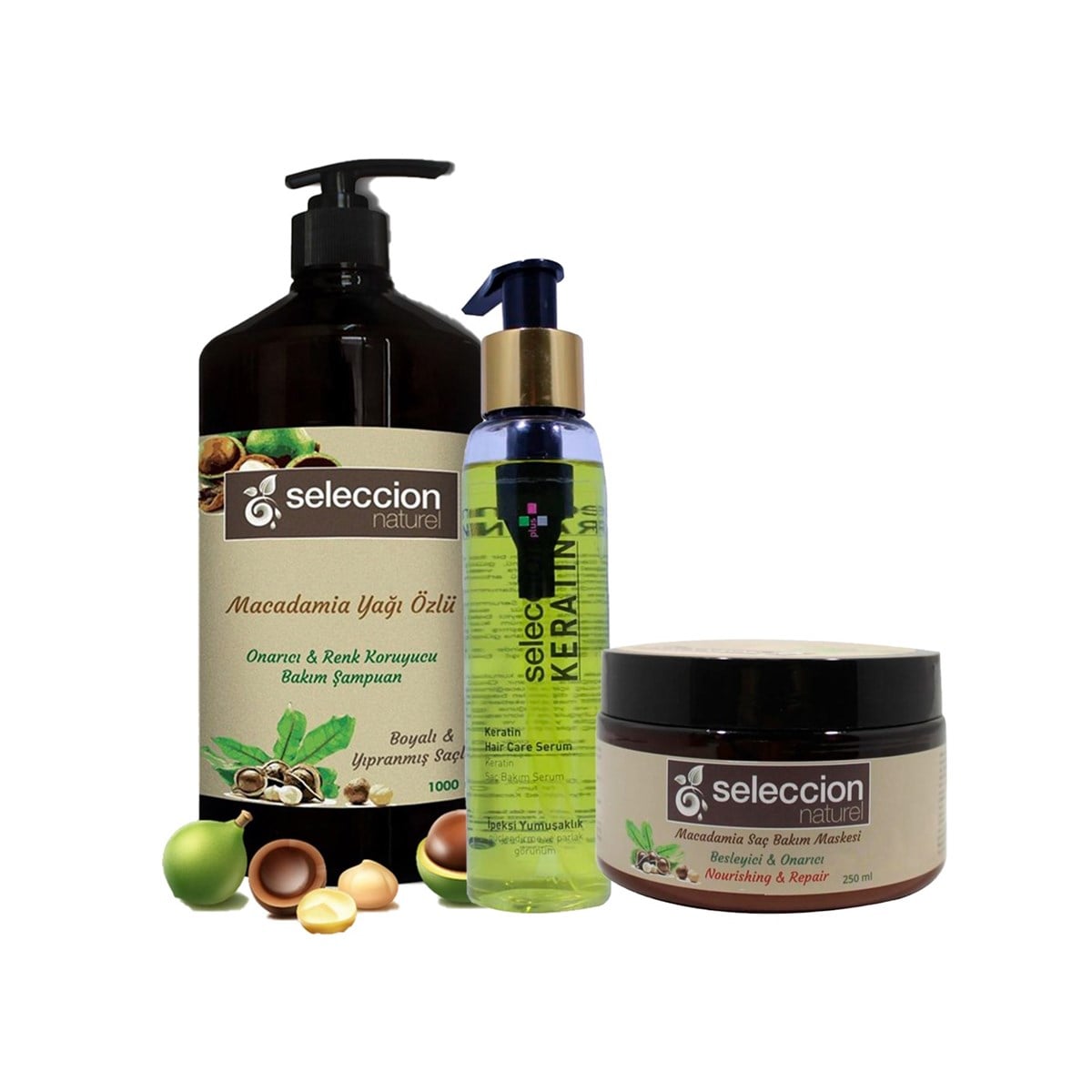 SeleccionSeleccion Kofre Macadamia Şampuan 1000 Ml+Saç Serumu 110 Ml Keratin+Macadamia Saç Maskesi