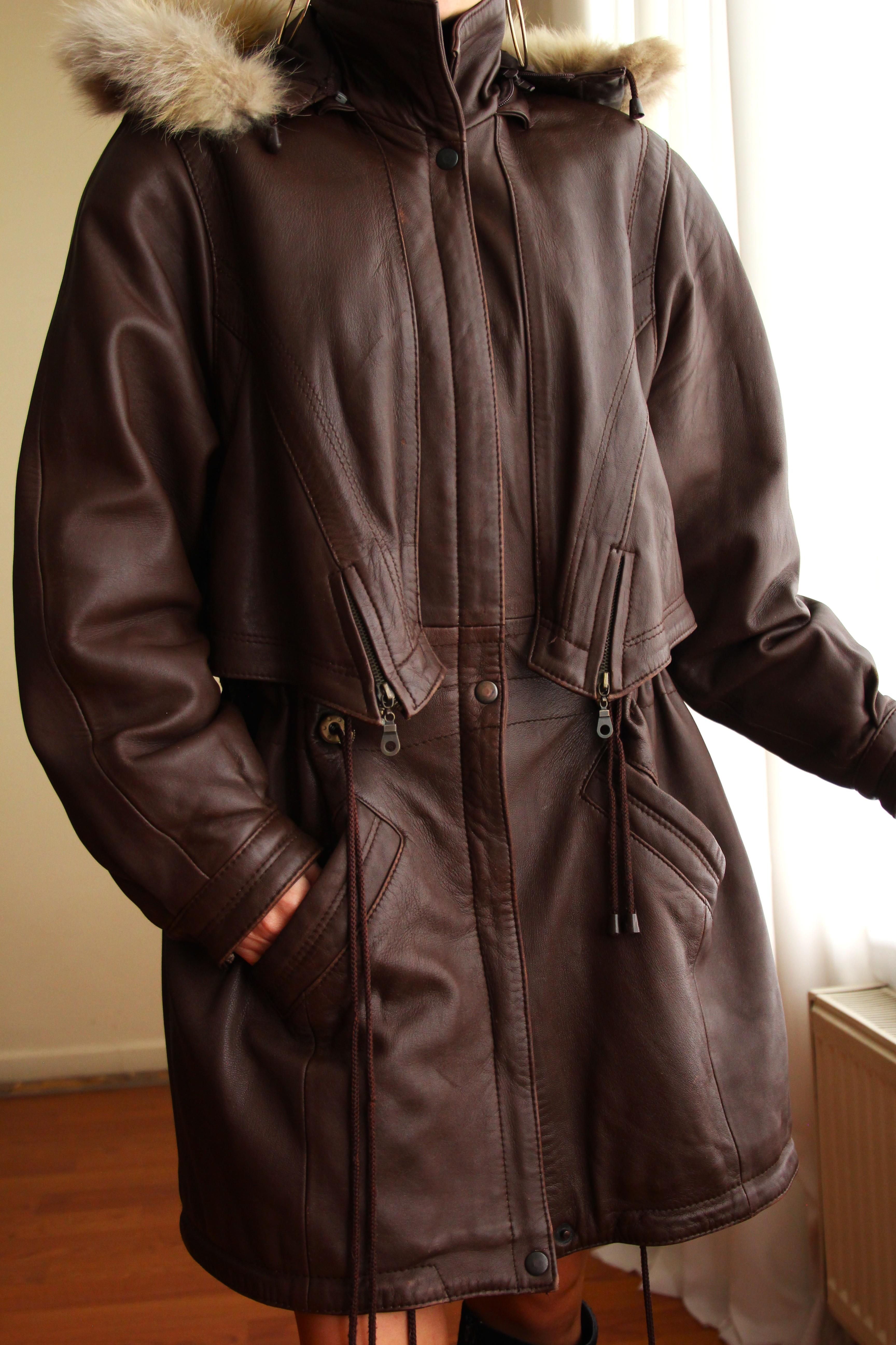 1980'ler Vintage Gerçek Kürk Detaylı Kapüşonlu Deri Parka