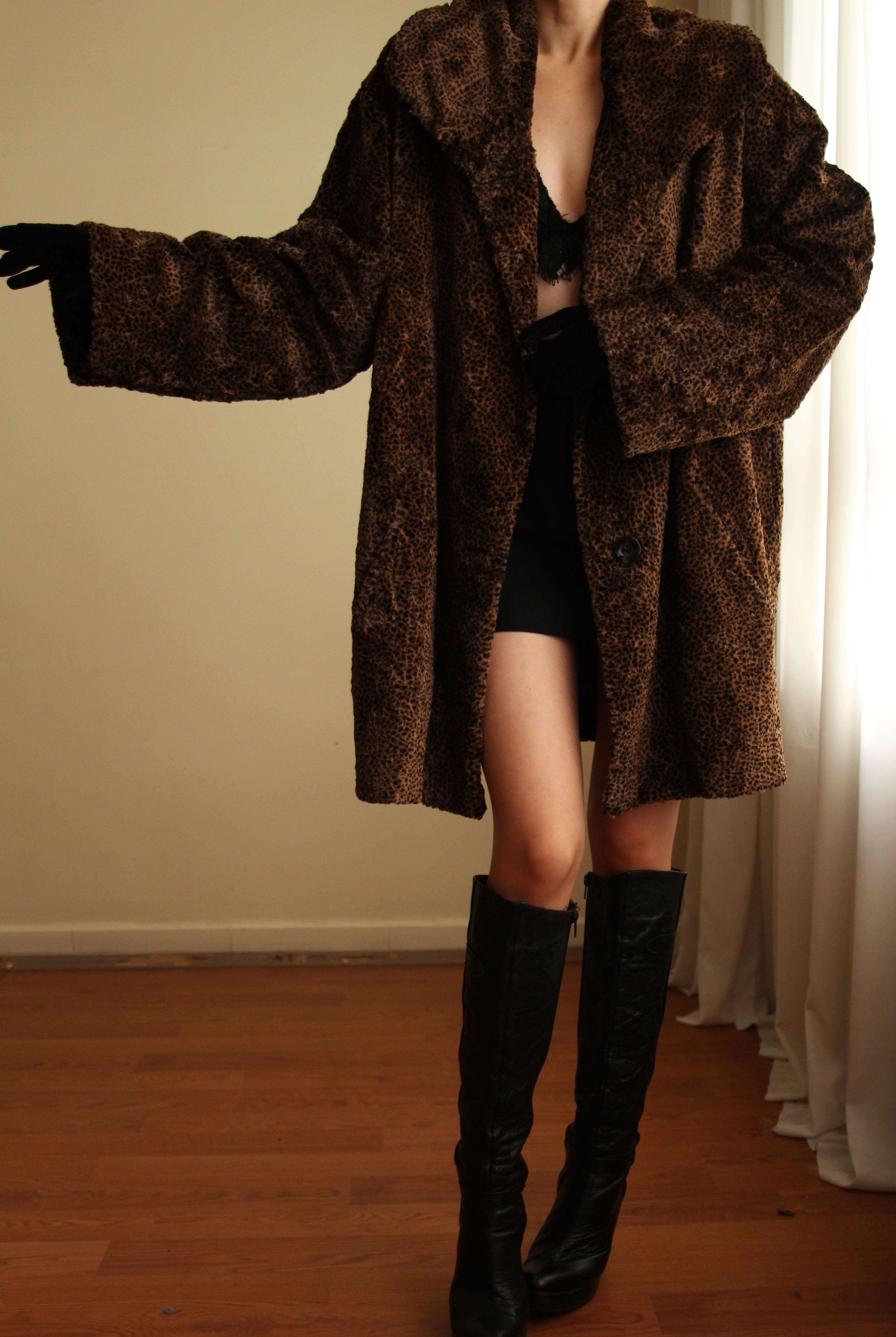 90s Oversize Leopar Desenli Kısa Tüylü Vintage Peluş Blazer