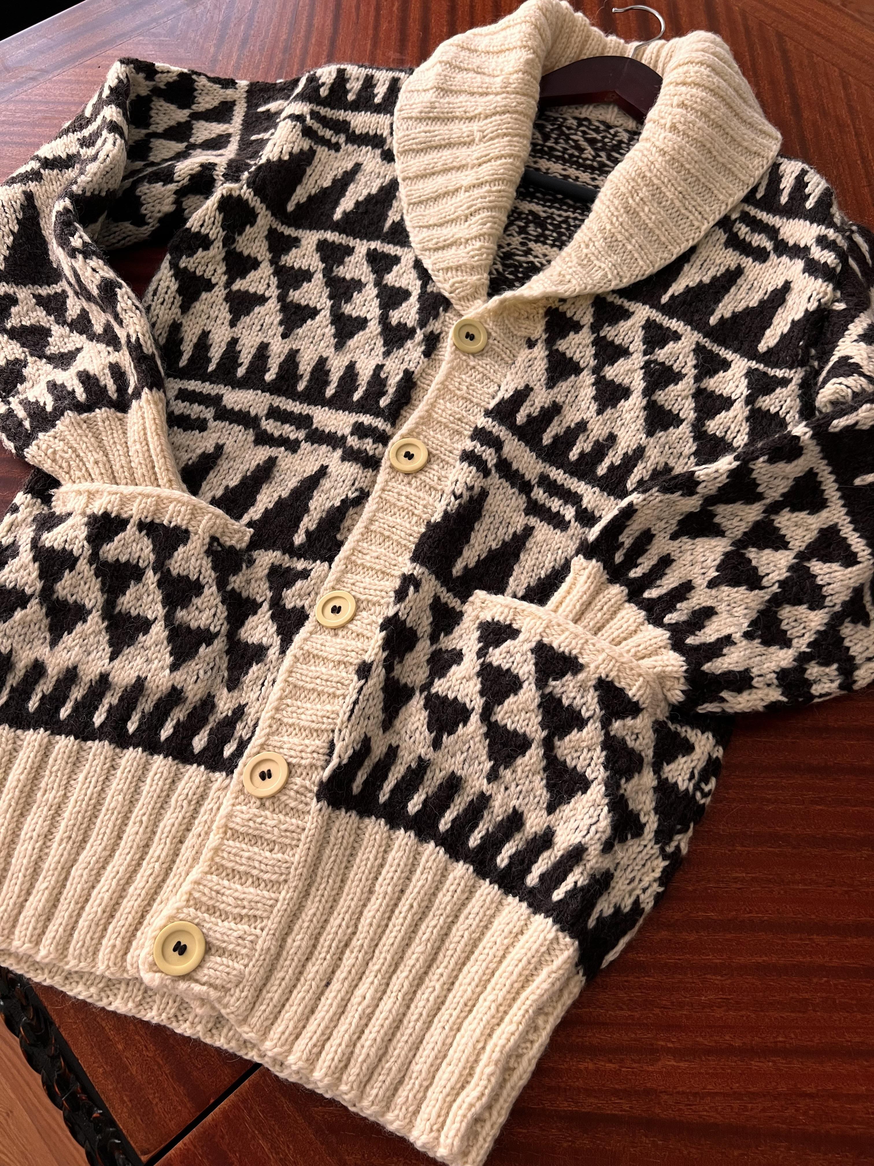 Norway Wool Hand Knitted Motifli Şal Yaka Vintage Hırka