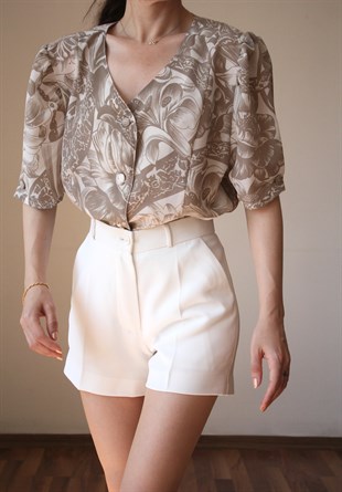 Mothu Vintage Beyaz Vizon Floral Desenli Tailored Bluz Gömlek