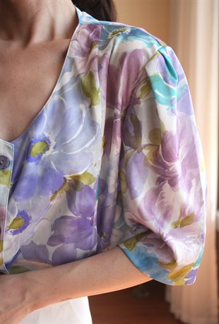 Mothu Vintage Pastel Floral Baskılı Drapeli Gömlek