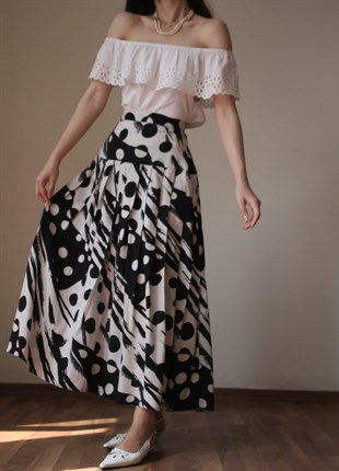 Mothu Vintage Siyah Beyaz Viscos Maxi Etek