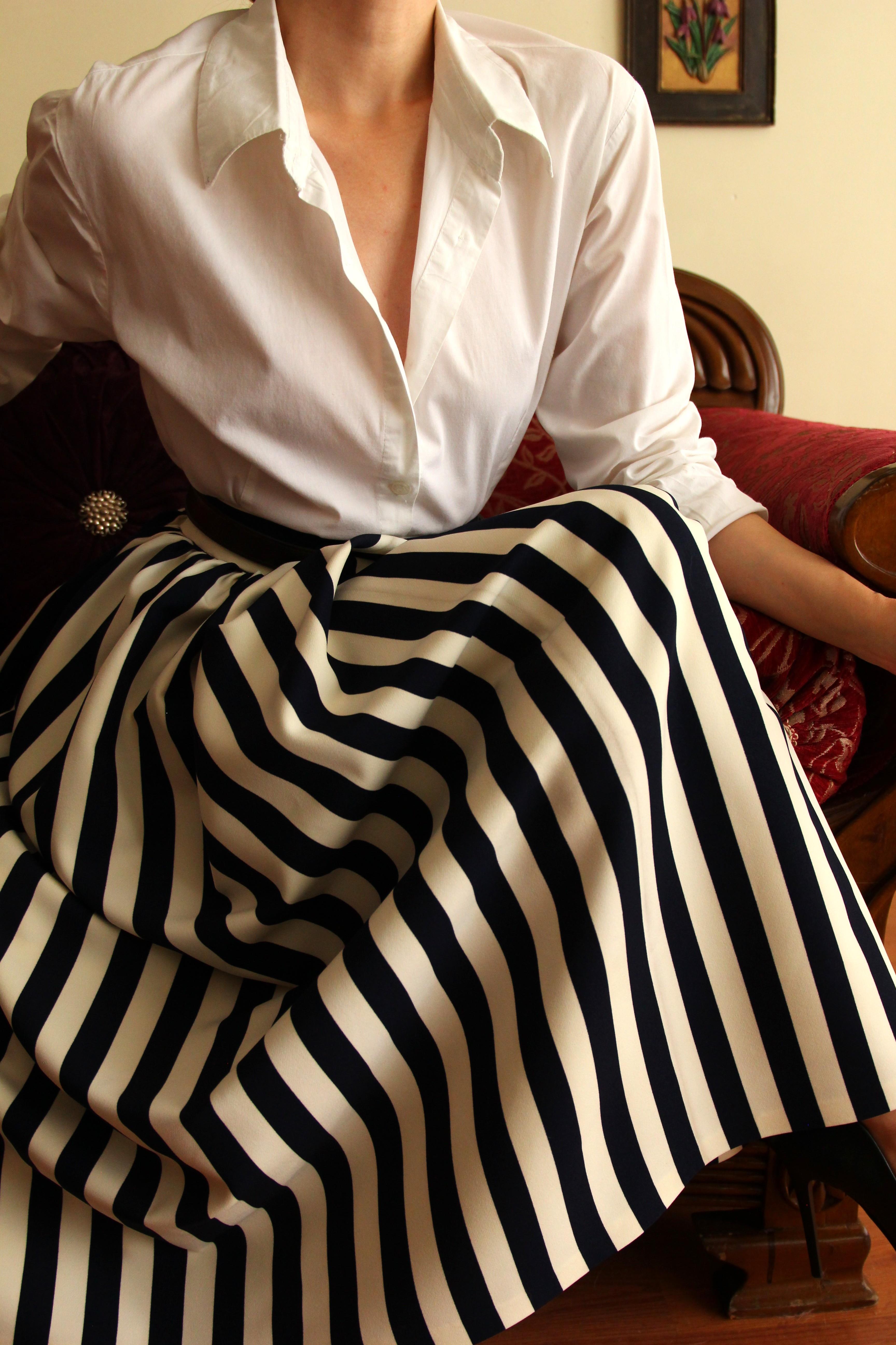 ÖN SİPARİŞ Inspired By Vintage 1960 Style Koyu Lacivert Striped Draped Etek