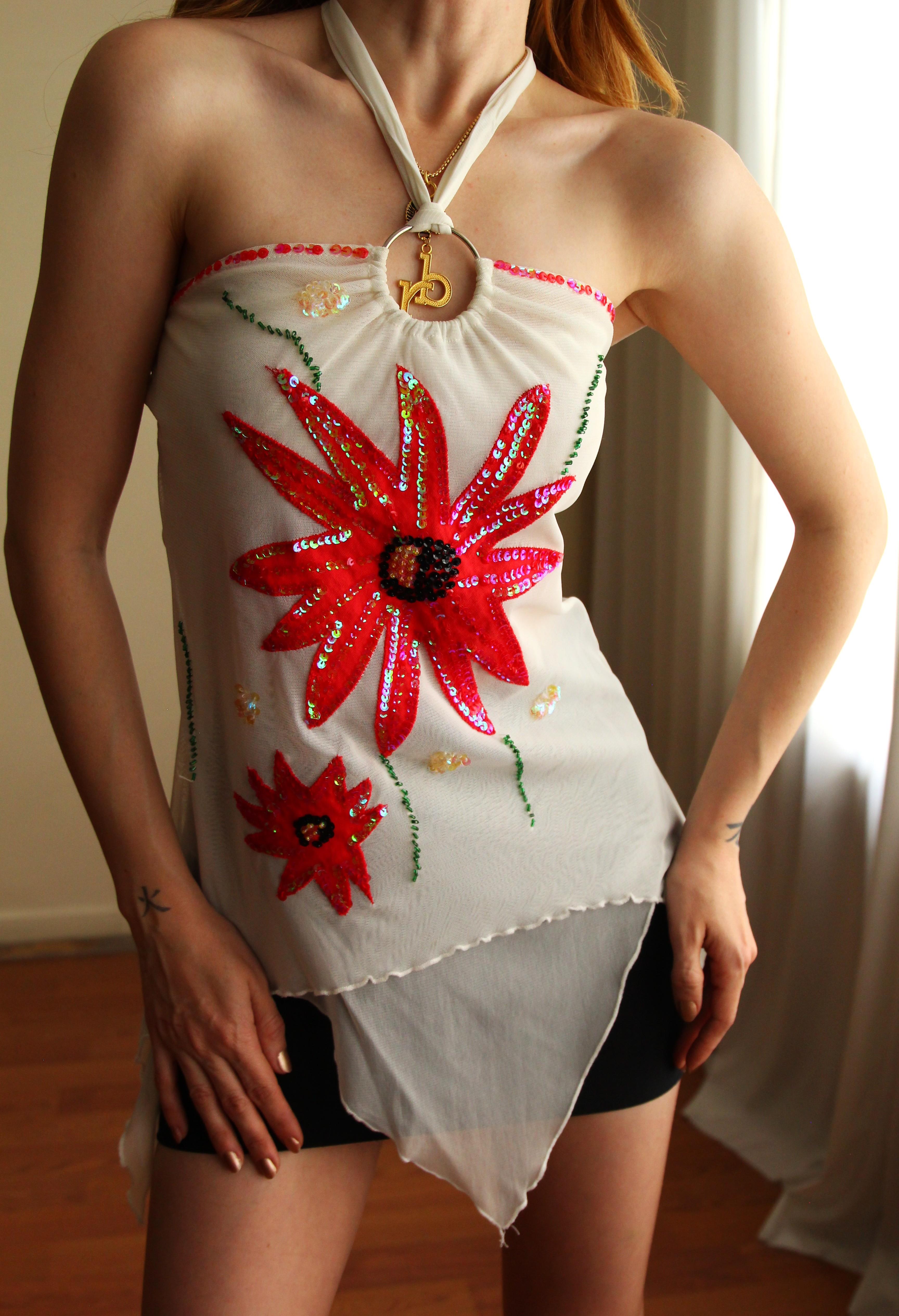 Payet İşleme Transparan Cotton Göğüs Cuplu Vintage Top