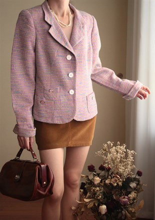 Germany Pembe Yeşil Dokuma Vintage Kısa Blazer