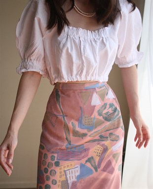 Mothu Vintage Artistic Painting Patterned Midi Uzakdoğu İpeği Etek