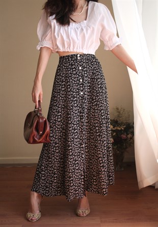Mothu Vintage Minimal Baskılı Maxi Kloş Etek
