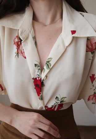 Renkli Çiçek Temalı Transparan Vintage Gömlek