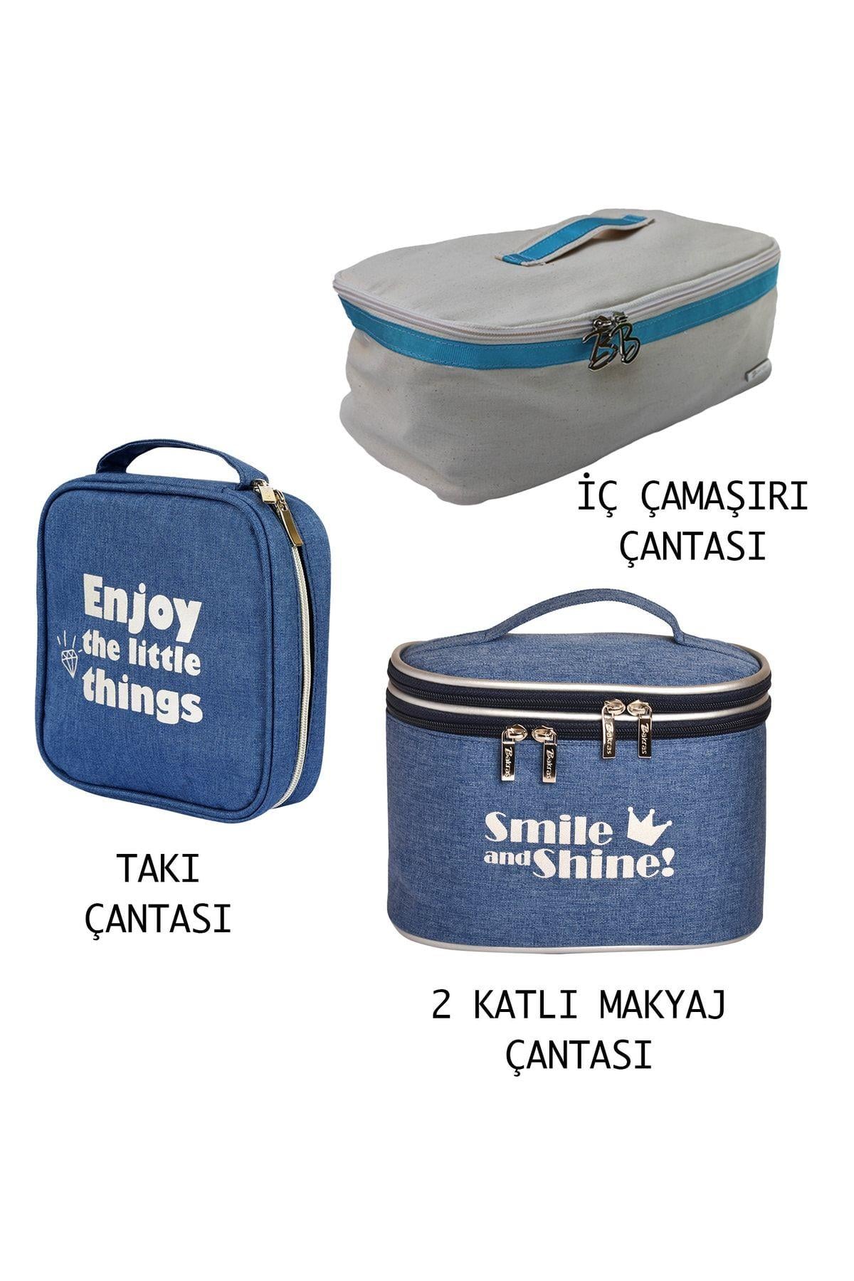 3 Parçalı Seyahat Çanta Seti (takı Çantası- Iç Çamaşır Çantası- 2 Katlı Kozmetik Çantası )