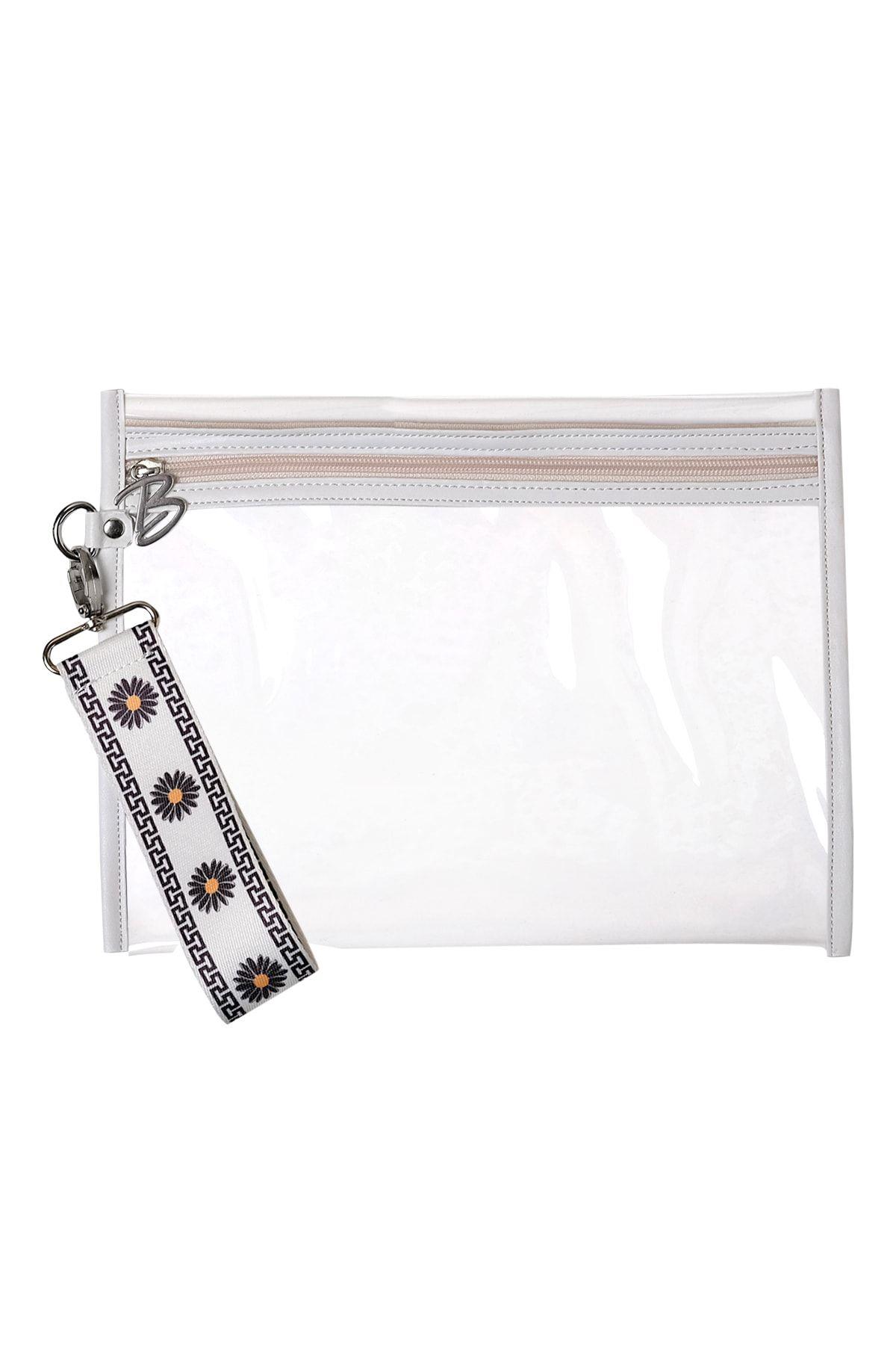 Beyaz Papatya Desenli Su Geçirmez Mayo Çantası Organizer Şeffaf Makyaj Çantası 27x21cm