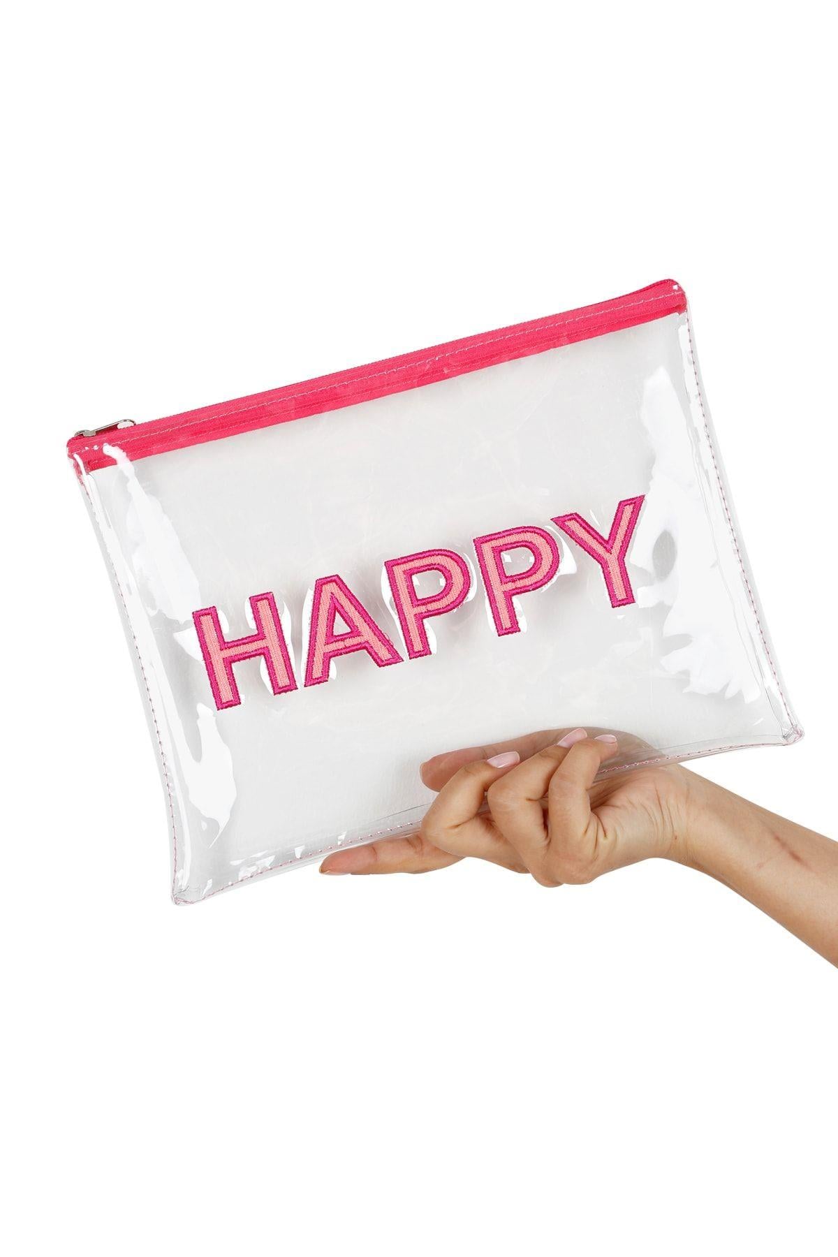 Pembe Happy Nakışlı Şeffaf Makyaj Ve Organizer Plaj El Çantası