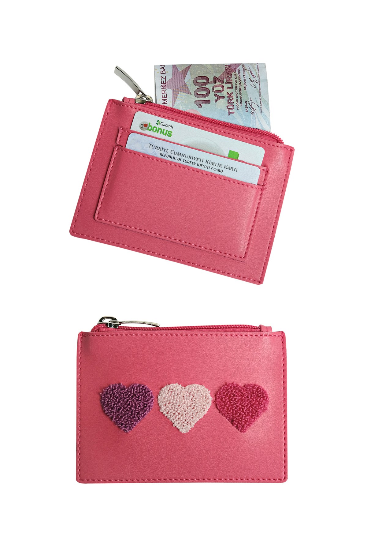 Pembe  Kartlık Bölmeli Fermuarlı Mini Çanta