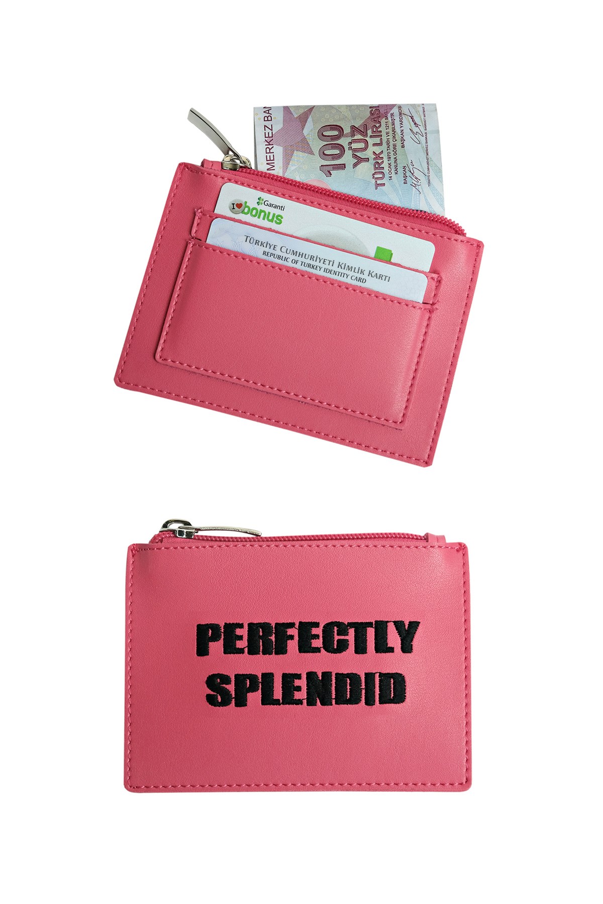 Pembe Kartlık Bölmeli Fermuarlı Mini Çanta