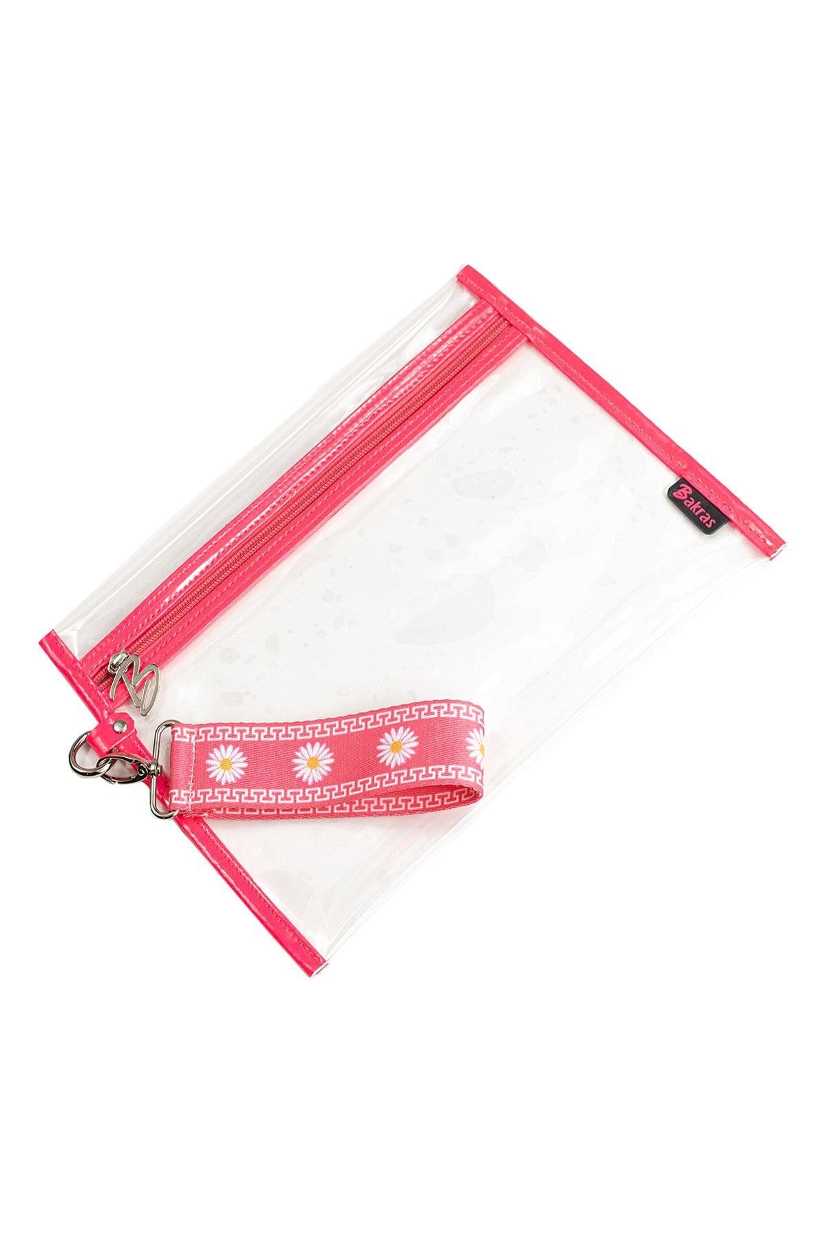 Pembe Papatya Desenli Su Geçirmez Mayo Çantası Organizer Şeffaf Makyaj Çantası 27x21 Cm