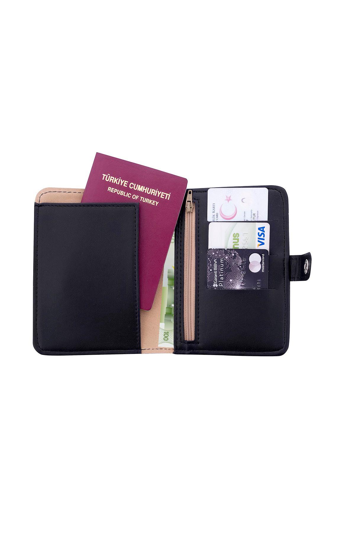 Simli Siyah Bölmeli Pasaport Kılıfı Pasaportluk Cüzdan