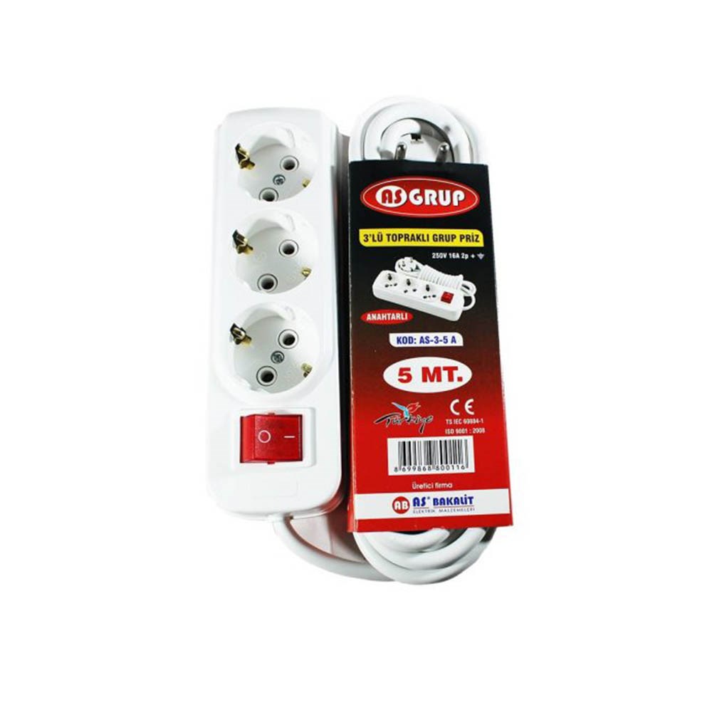 As Üçlü Priz Anahtarlı 5 Metre Kablolu
