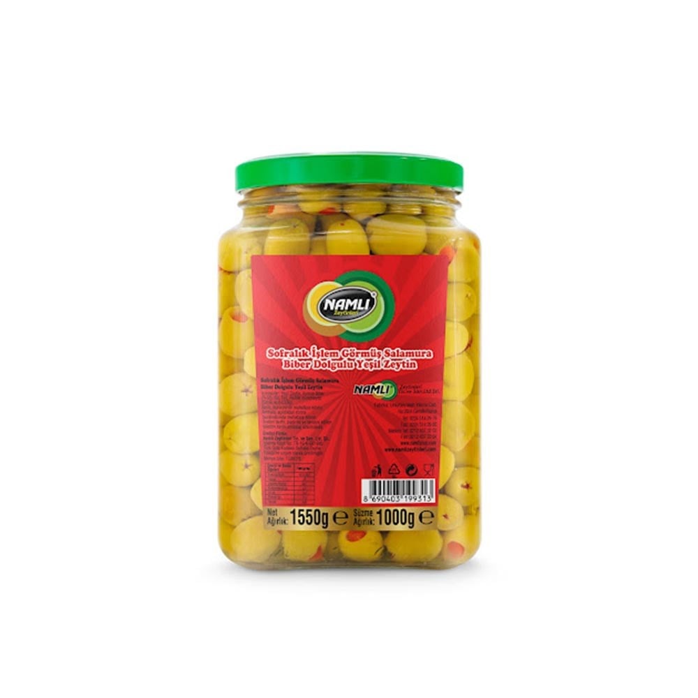Namlı Yeşil Zeytin 1000 Gr Biberli Cam Bg