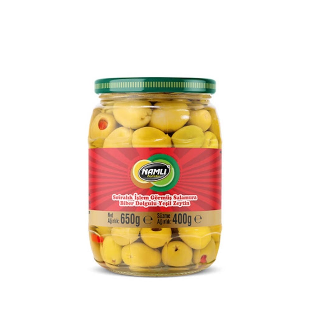 Namlı Yeşil Zeytin 650 Gr Biberli Cam Bg