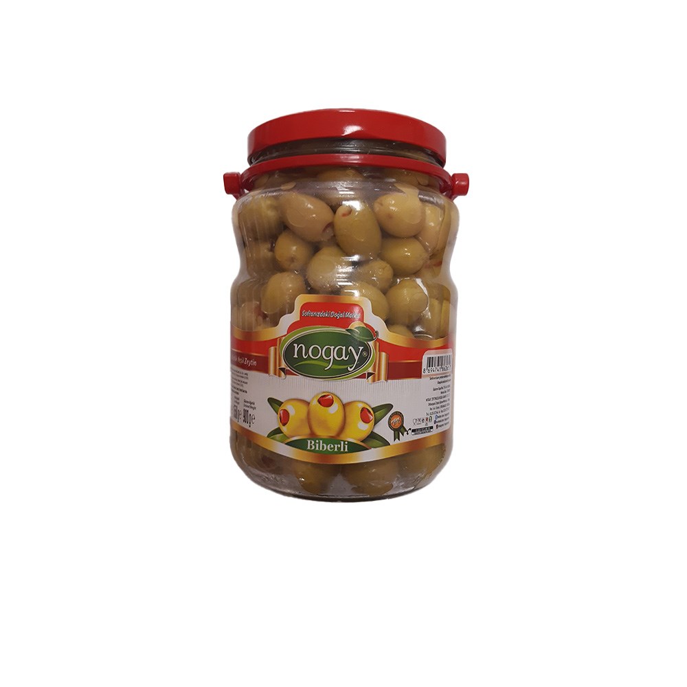 Nogay Yeşil Zeytin 900 Gr Biberli Cam