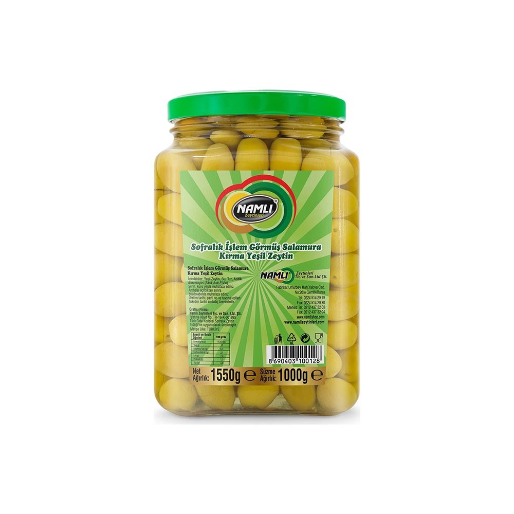 Namlı Yeşil Zeytin 1000 Gr Kırma Cam