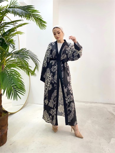 Etnik Desen Seyyar Kemerli Tasarım Saten Kimono