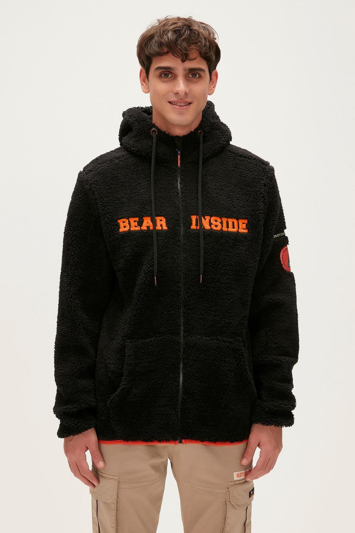 Bad Bear Erkek Kapşonlu Siyah Sweatshirt Shaggy Plush Full-Zip Peluş