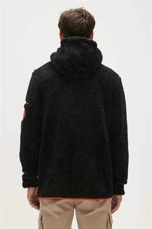 Bad Bear Erkek Kapşonlu Siyah Sweatshirt Shaggy Plush Full-Zip Peluş