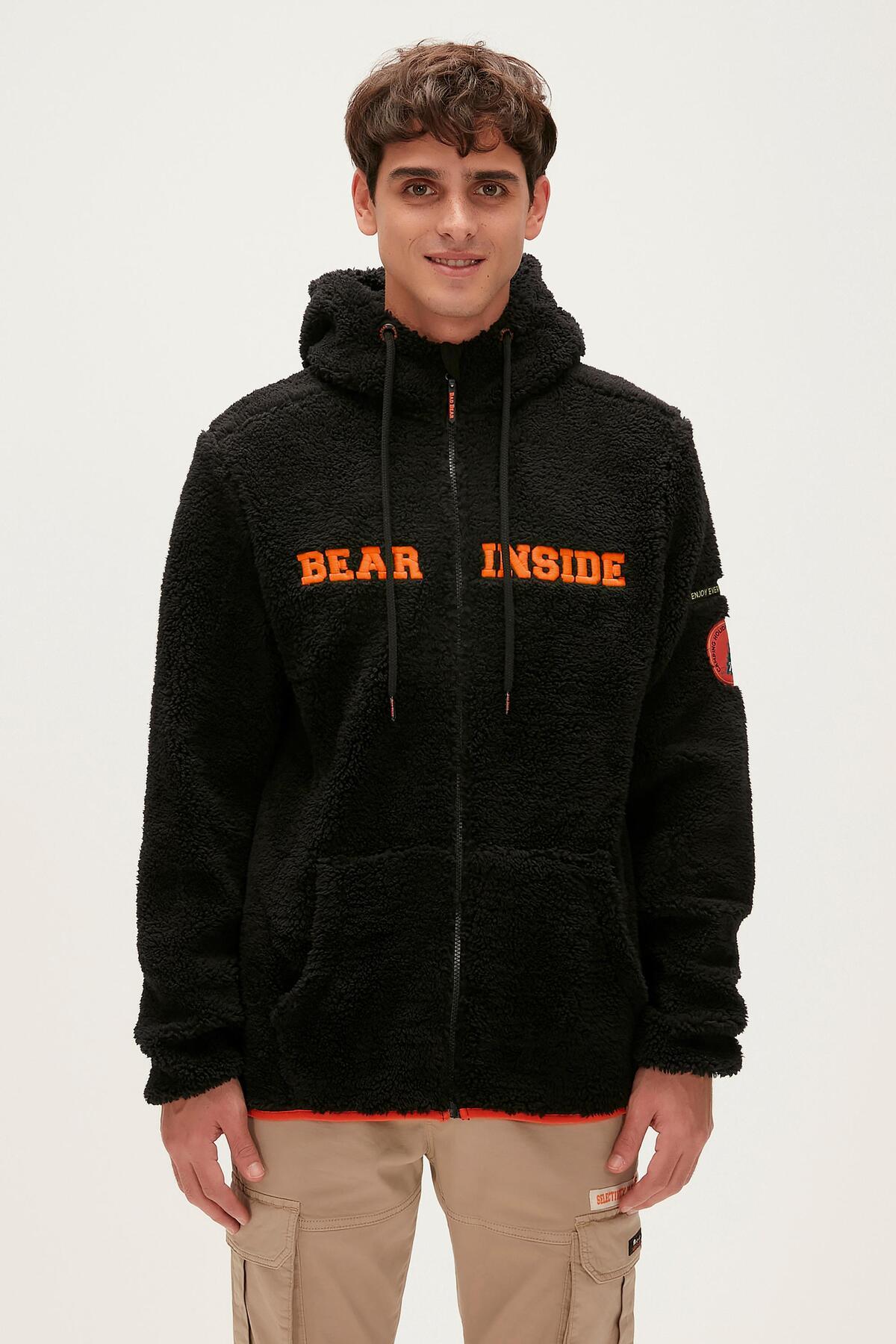 Bad Bear Erkek Kapşonlu Siyah Sweatshirt Shaggy Plush Full-Zip Peluş