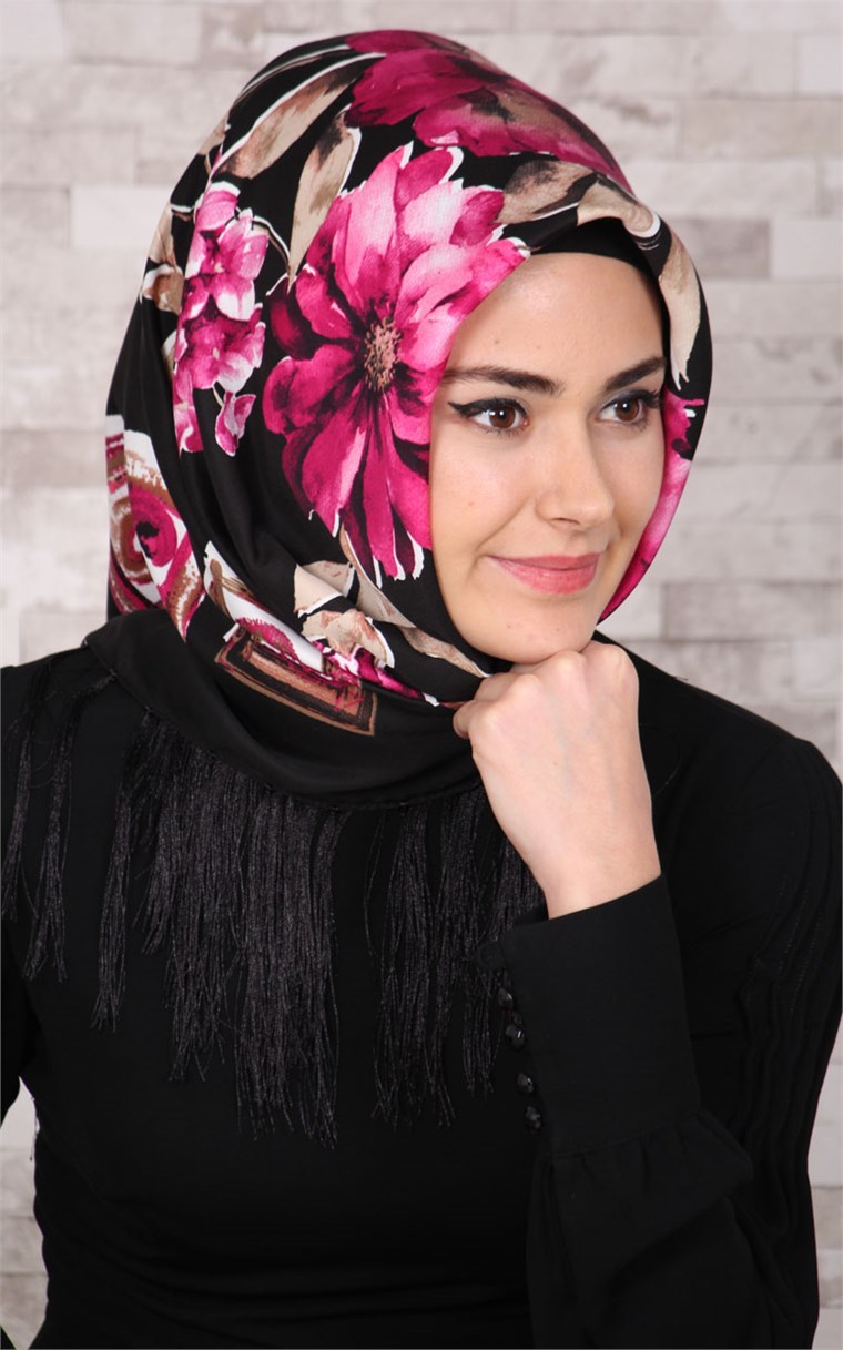 111-0005-01 PİRAMİT PÜSKÜLLÜ EŞARP SİYAH FUŞYA