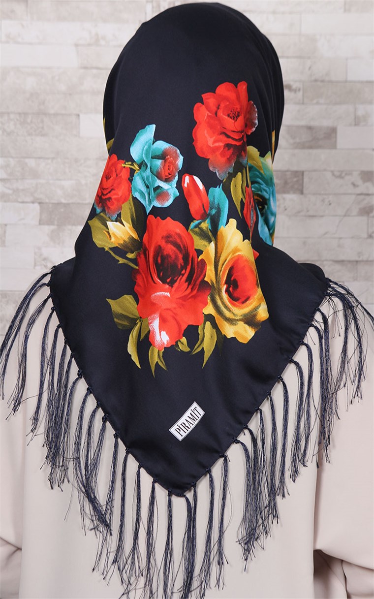 111-0001-04 PİRAMİT PÜSKÜLLÜ EŞARP  LACİVERT SARI