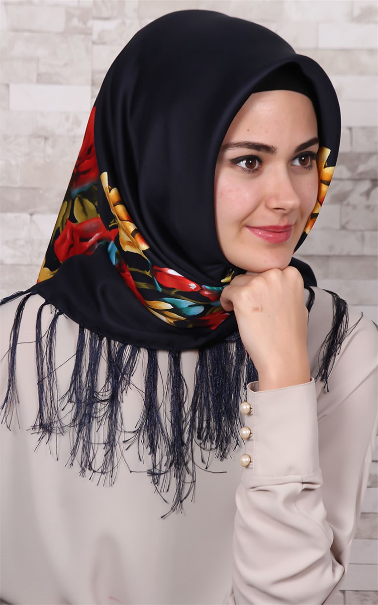 111-0001-04 PİRAMİT PÜSKÜLLÜ EŞARP  LACİVERT SARI