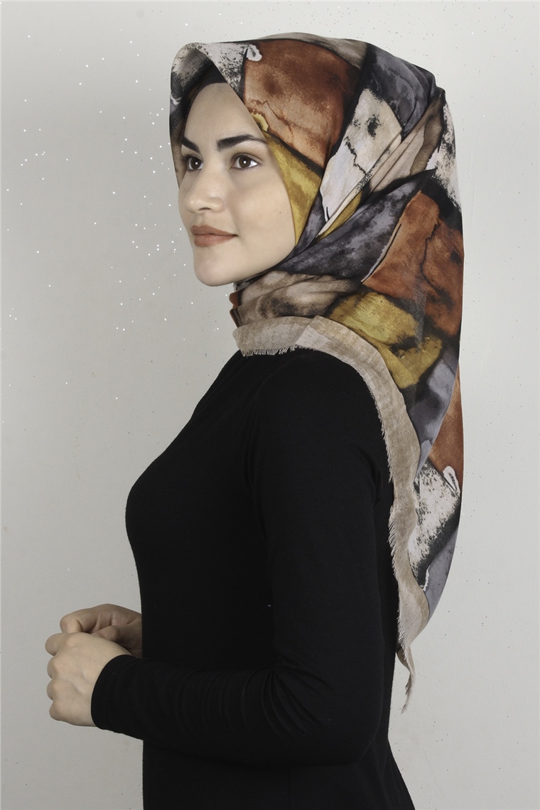 Coton Kare Eşarp 1674-13 Sütlü Kahve